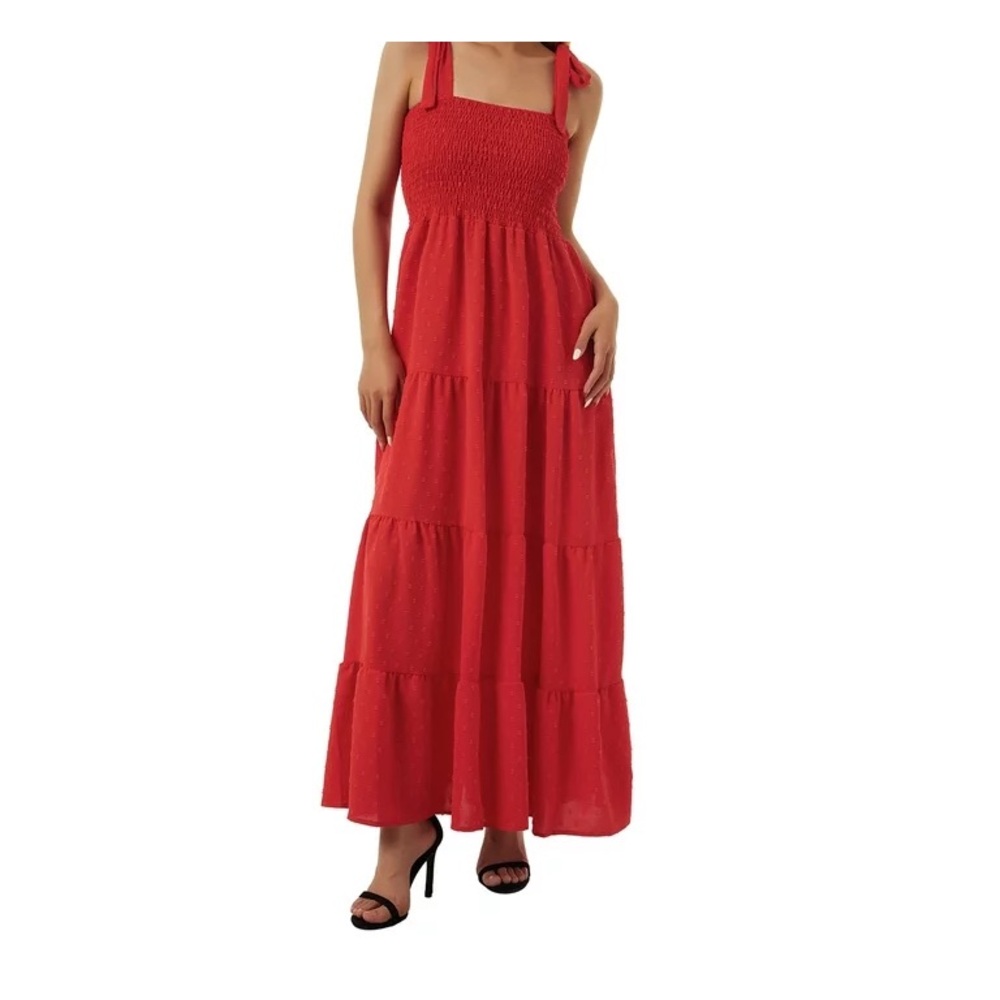 Ann Taylor Loft Maxi Dress Womens LARGE Red Smocked Ruffle Tiered Sleeveless.
